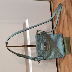 Coach Kristin Op Art Jacquard Swing Pack Crossbody Turquoise Teal Purse Bag